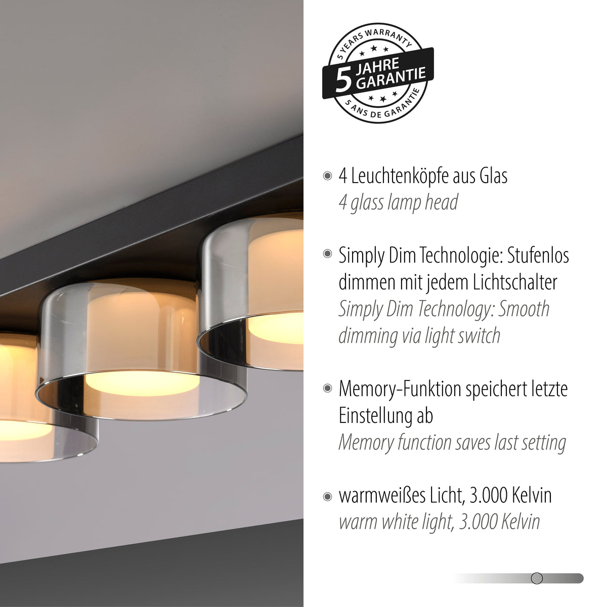 Détail des spots avec logo cinq ans de garantie et caractéristiques de la technologie Simply Dim