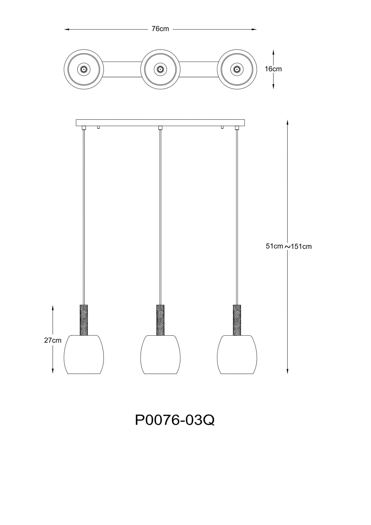 Suspension Calvo 3 lumières noire mat et dorée, verre, L 16 cm
