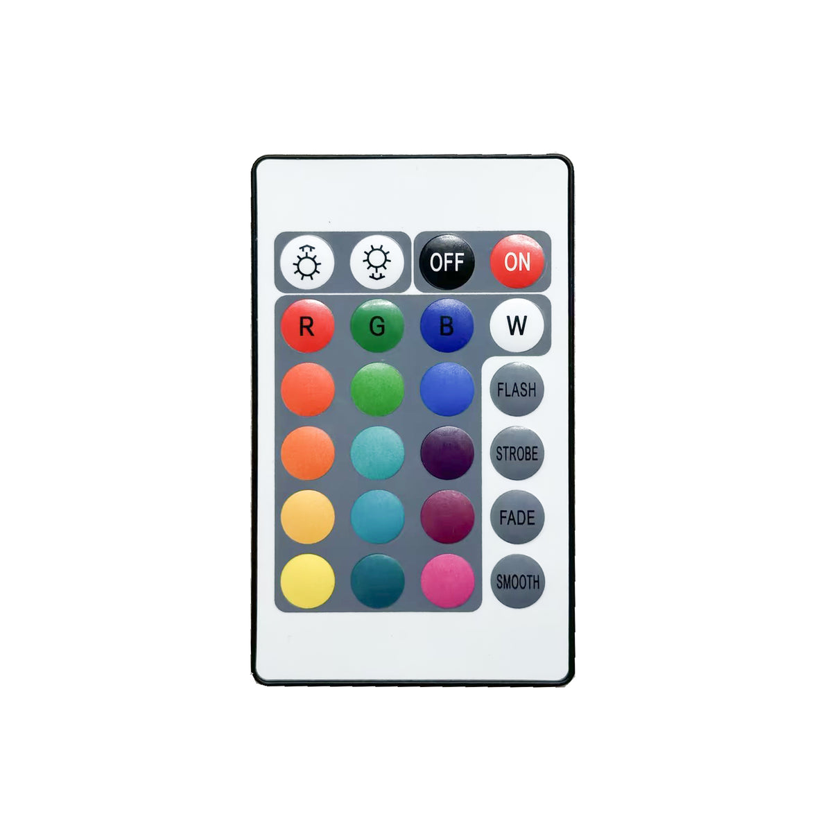 Télécommande blanche avec boutons colorés, réglages et modes d'éclairage