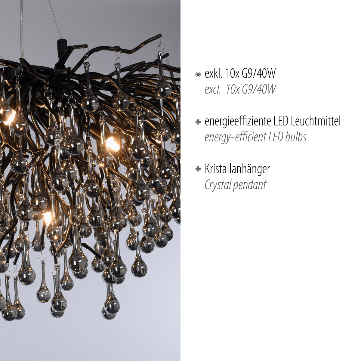 Détail des branches noires et pendentifs en verre avec texte technique à droite.