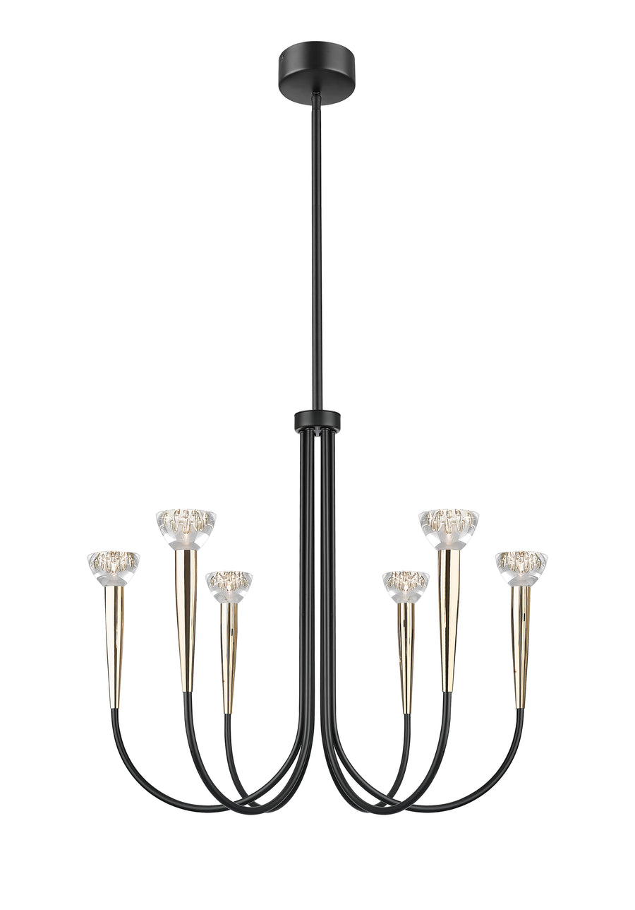 Suspension six bras noirs et dorés, diffuseurs en verre texturé, vue de face