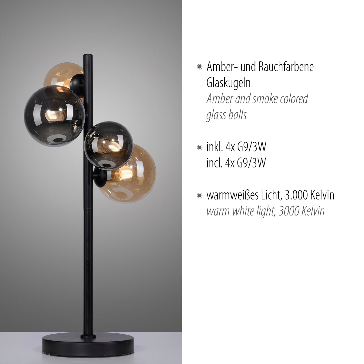 Visuel produit accompagné des caractéristiques : douilles G9 et 3000 Kelvin