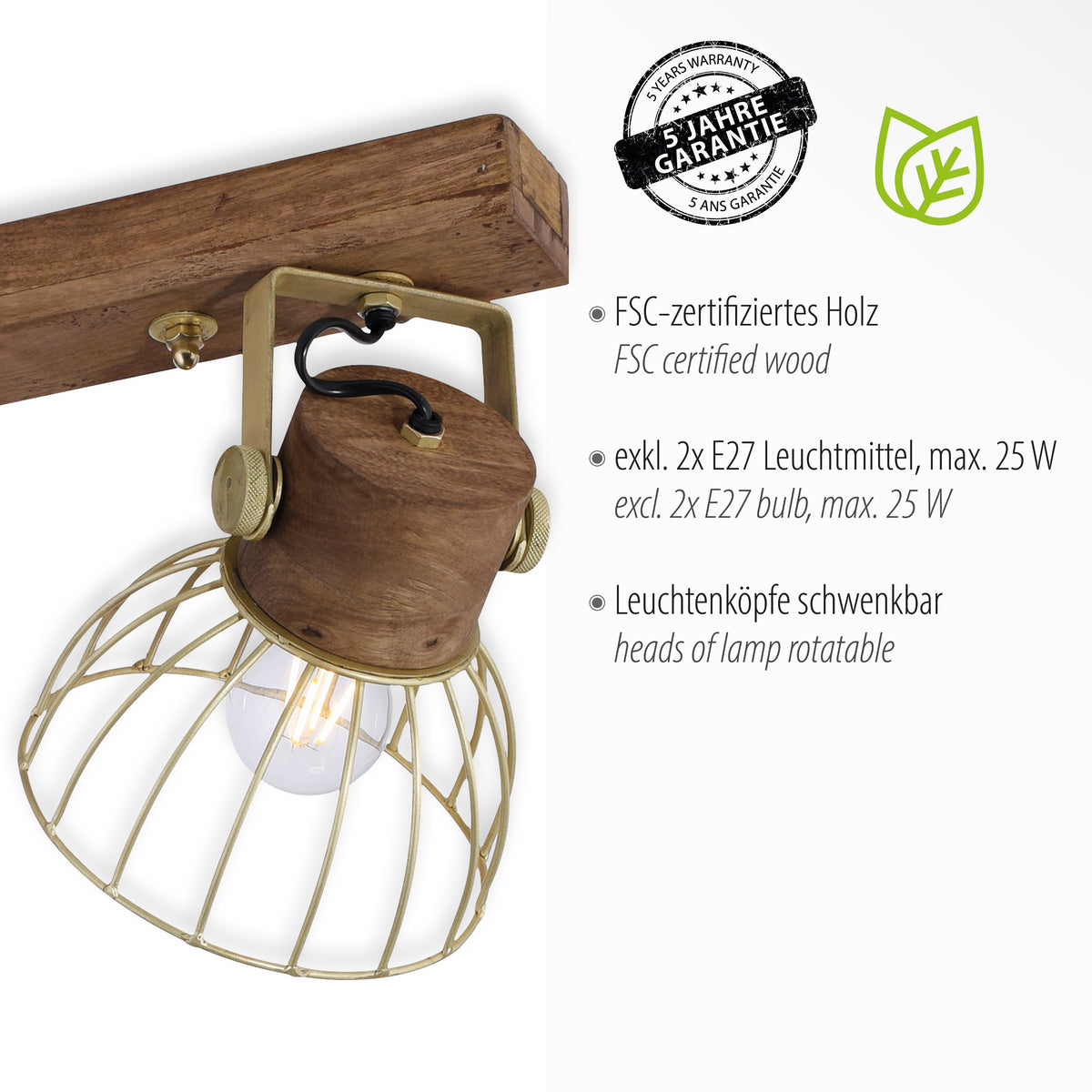 Détail d'un spot avec ampoule visible et texte sur le bois certifié FSC