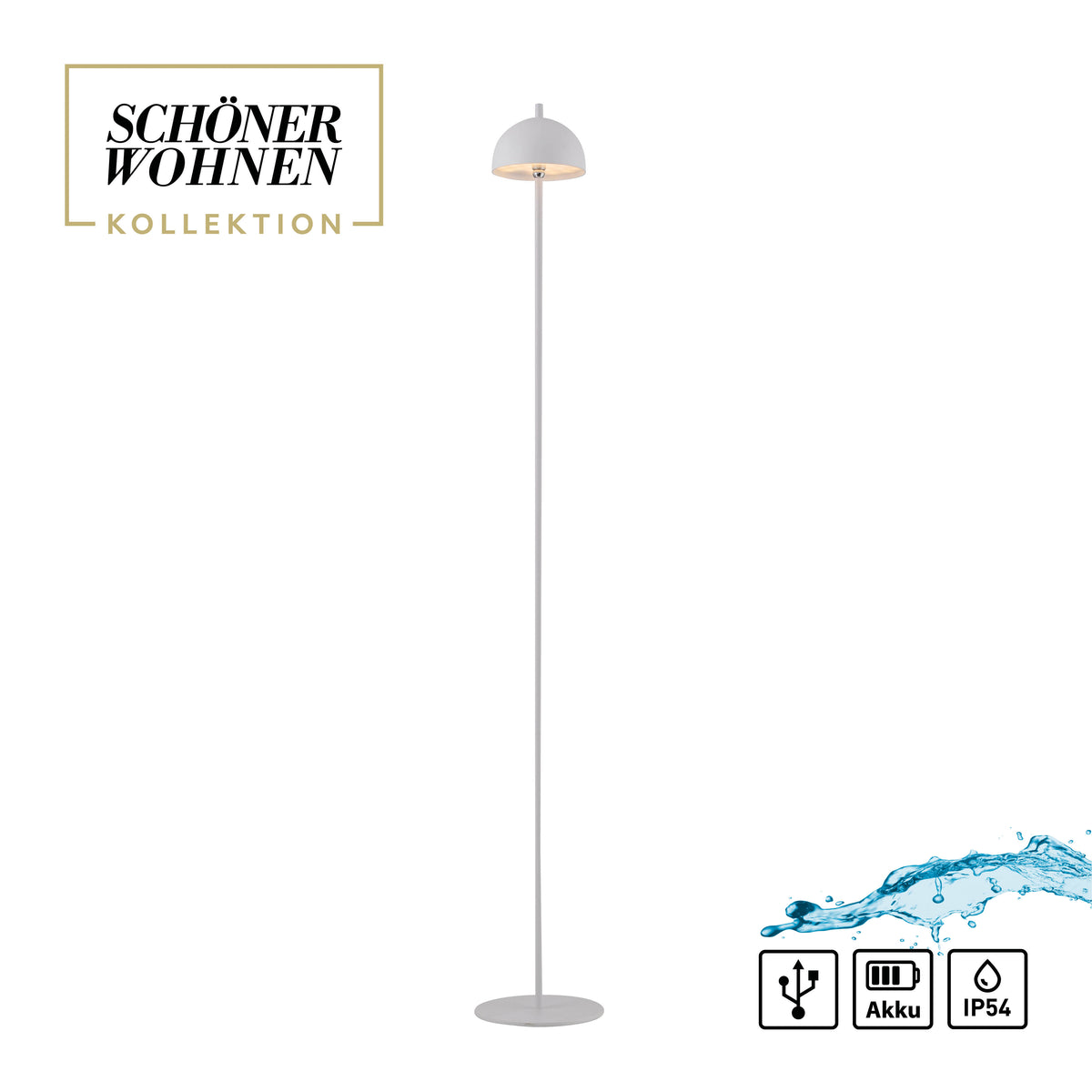 Lampadaire blanc sur fond blanc avec logo de collection et éclaboussure d'eau.