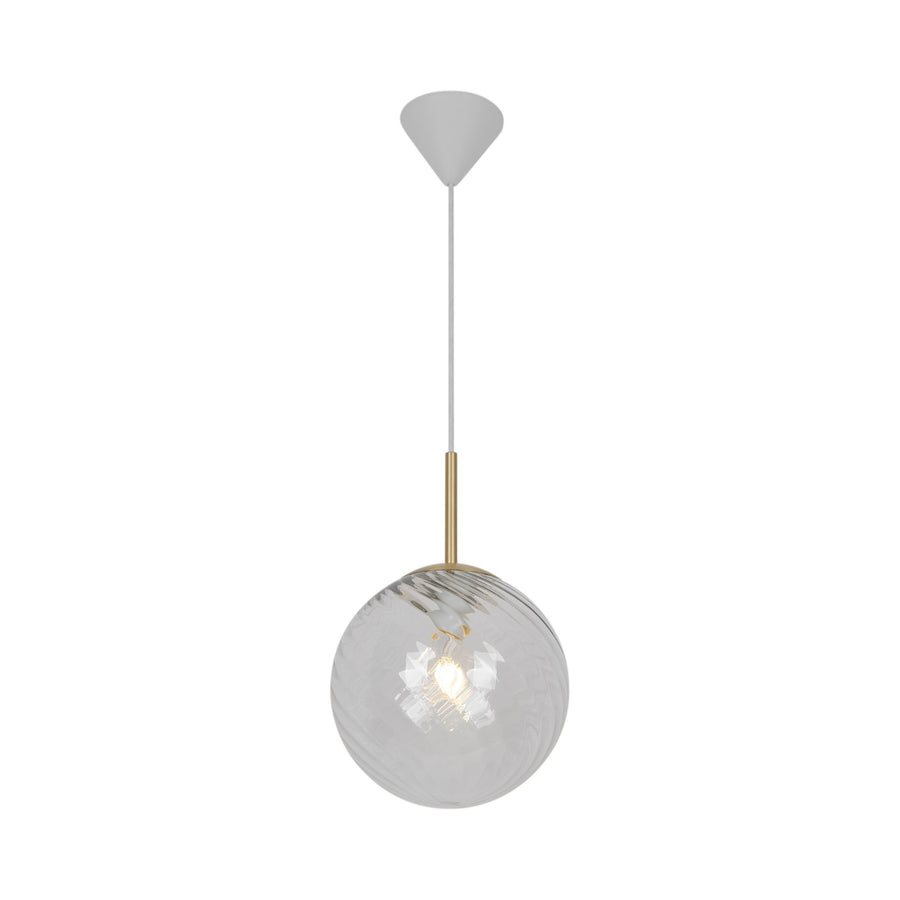 Suspension en verre transparent et laiton avec câble blanc sur fond blanc
