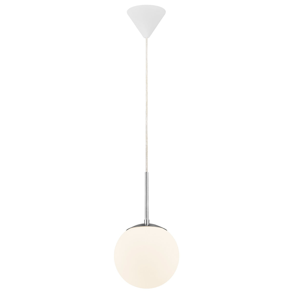 Vue entière du luminaire avec câble tressé, douille chromée et rosace conique