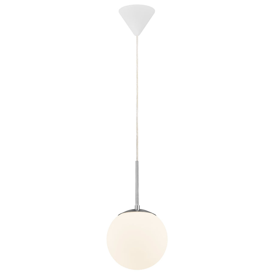 Vue entière du luminaire avec câble tressé, douille chromée et rosace conique