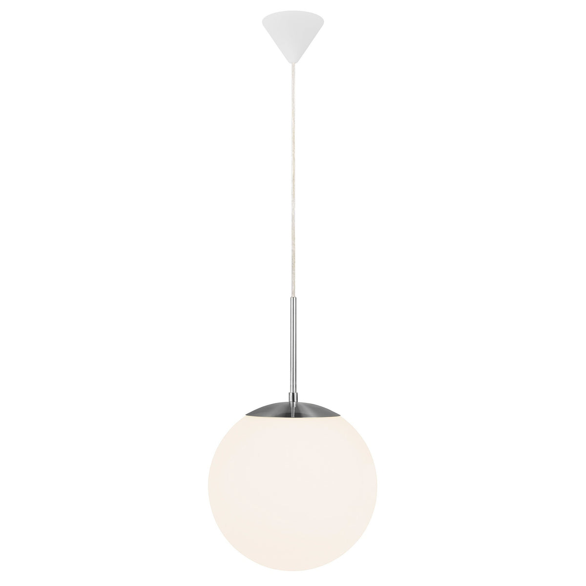 Plan large montrant la sphère opaline, le câble et sa fixation plafond