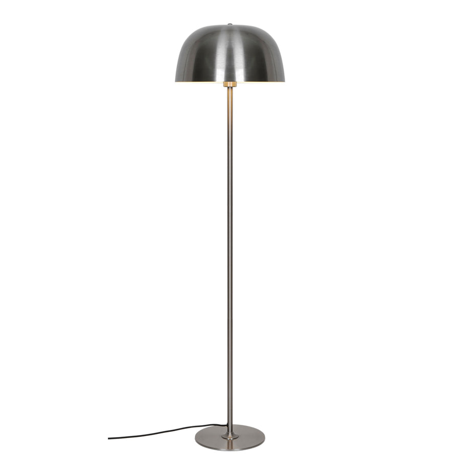 Lampadaire finition nickel brossé, abat-jour dôme et pied circulaire, vu de face