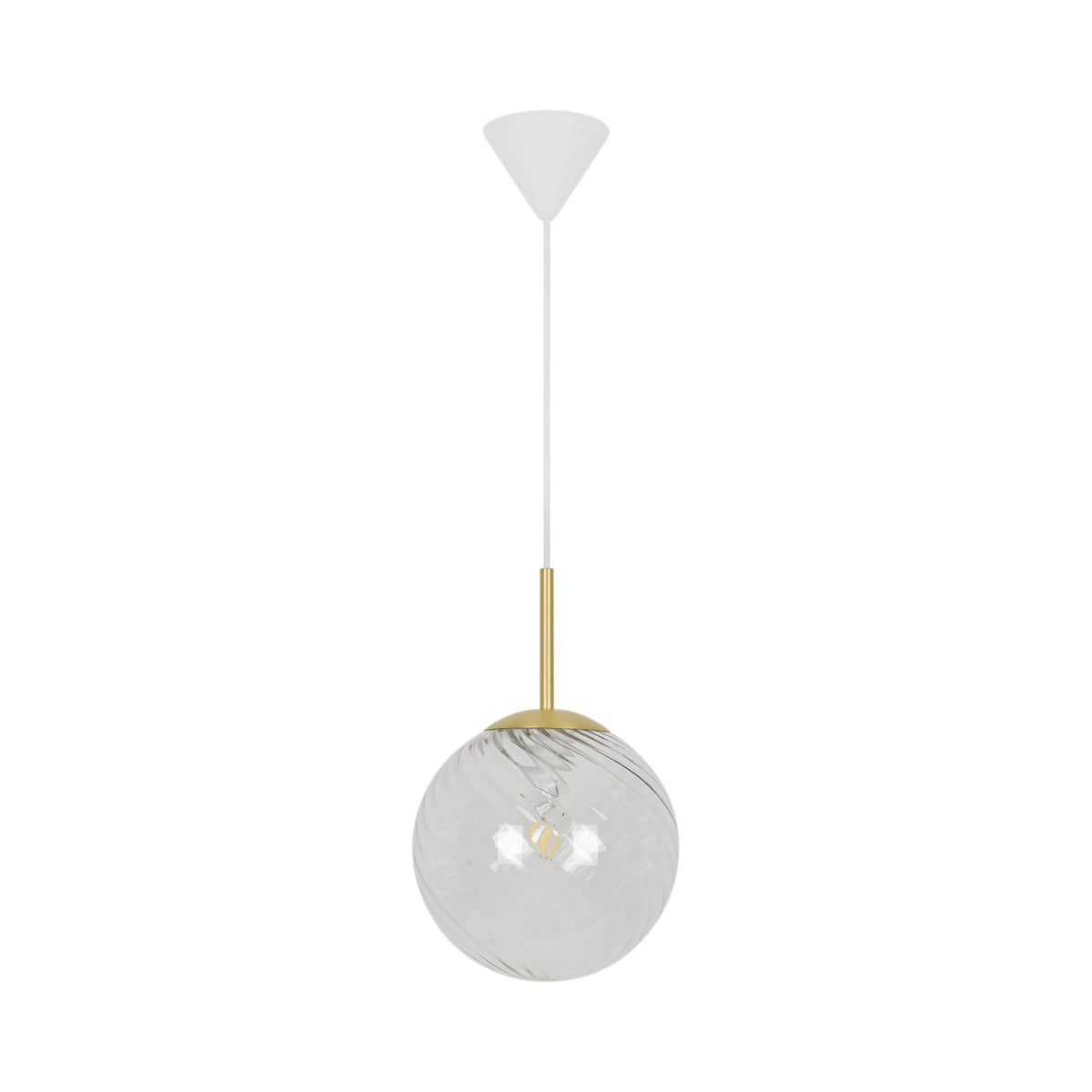 Vue rapprochée du luminaire suspendu, verre clair et laiton sur fond blanc