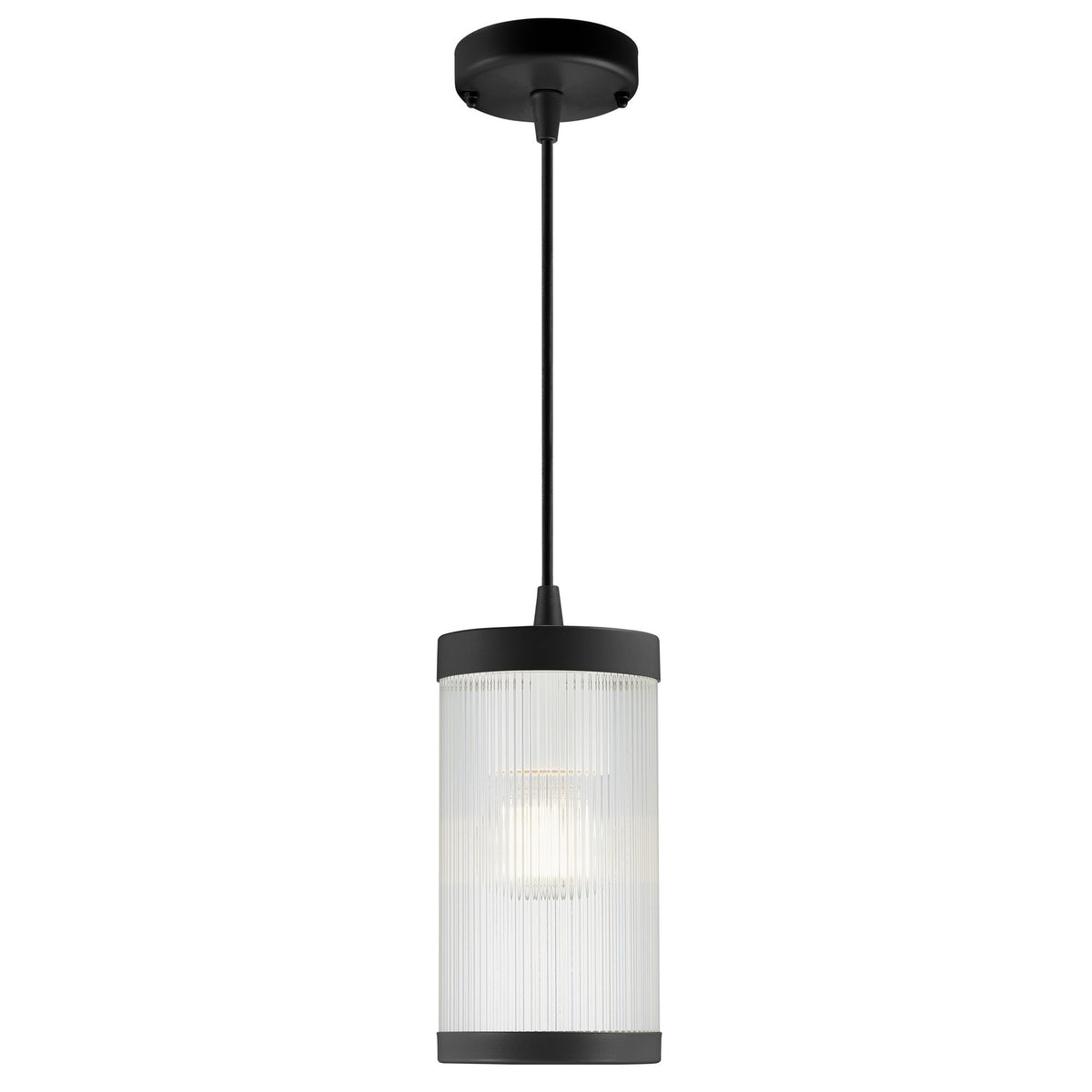 Vue rapprochée du luminaire suspendu noir, câble et rosace fixés au plafond