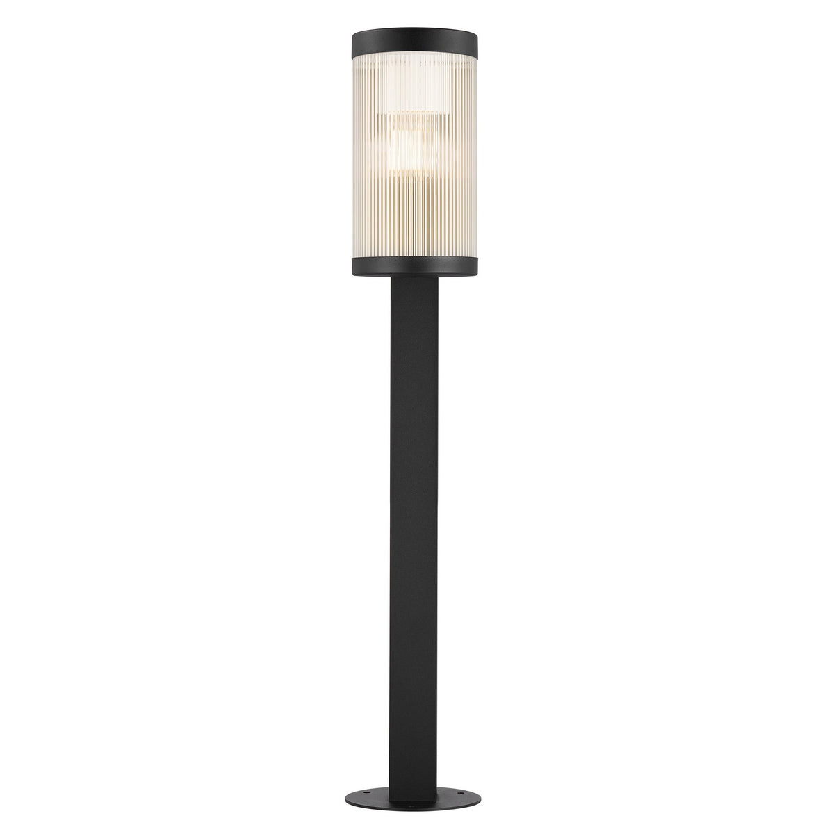 Vue de face du luminaire, diffuseur cylindrique dans l'axe du mât noir