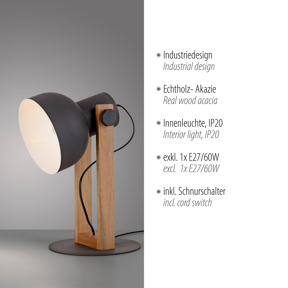 Photo produit avec liste technique : design industriel, bois d'acacia, douille E27 et interrupteur.