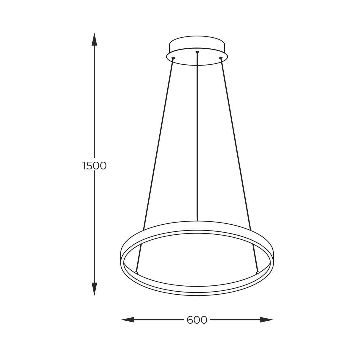 Schéma coté du luminaire avec hauteur 1500 mm et diamètre 600 mm