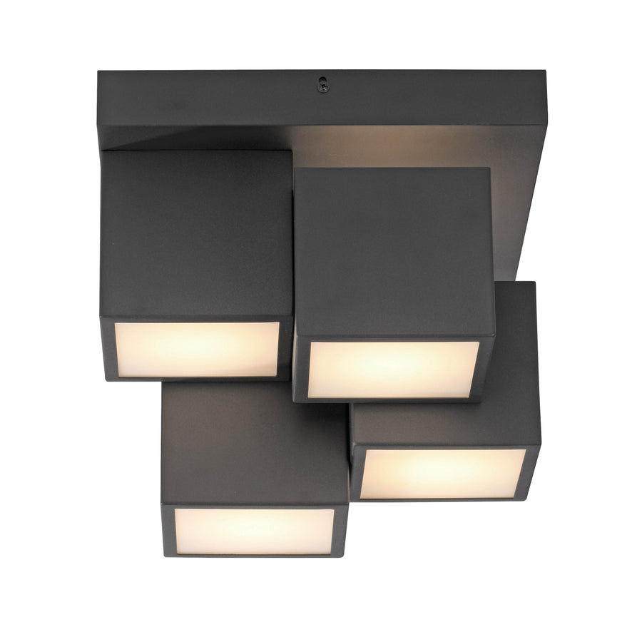 Vue de face du plafonnier noir, quatre cubes décalés avec diffuseurs blancs
