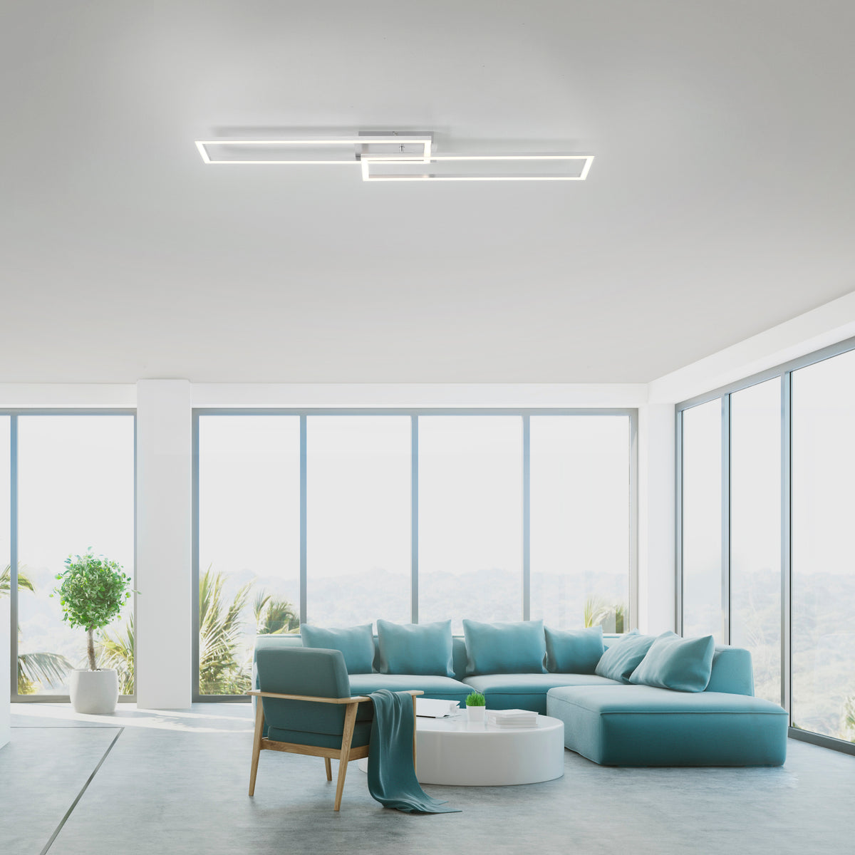 Mise en ambiance au plafond d'un salon moderne bleu et clair