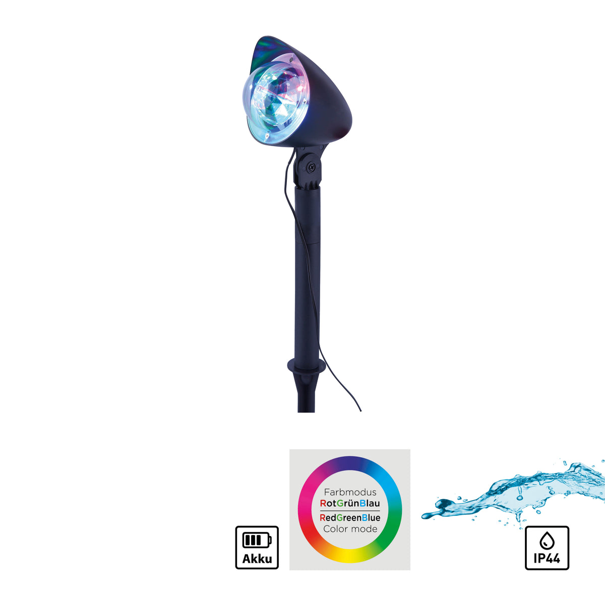 Vue du projecteur avec câble d'alimentation et icônes batterie, RGB et IP44