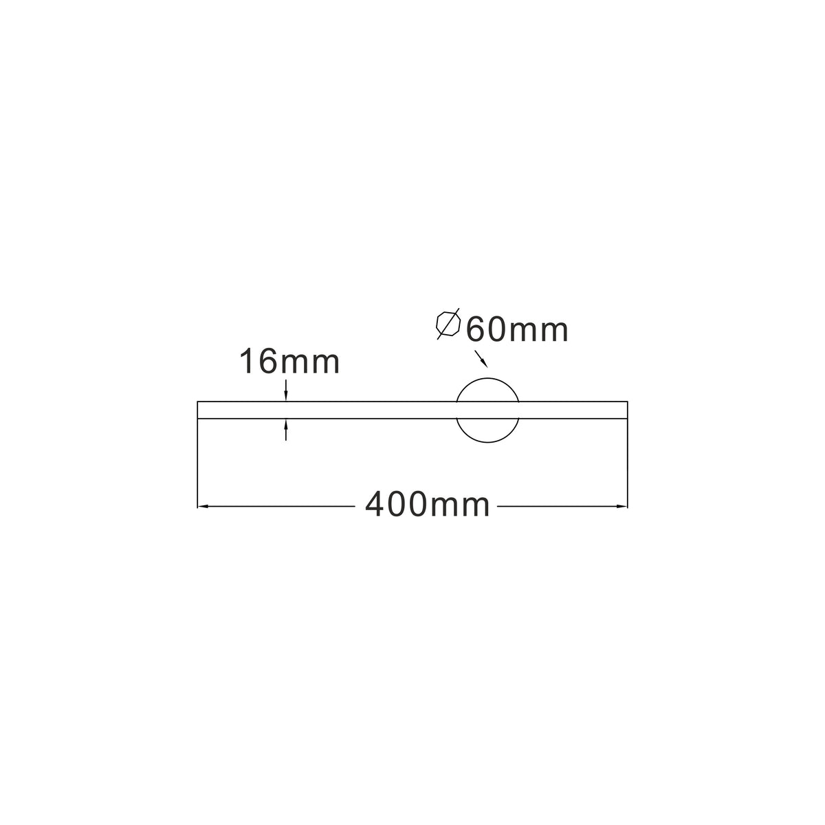 Schéma de dimensions du luminaire : 400 mm de long, 16 mm d'épaisseur, rosace 60 mm