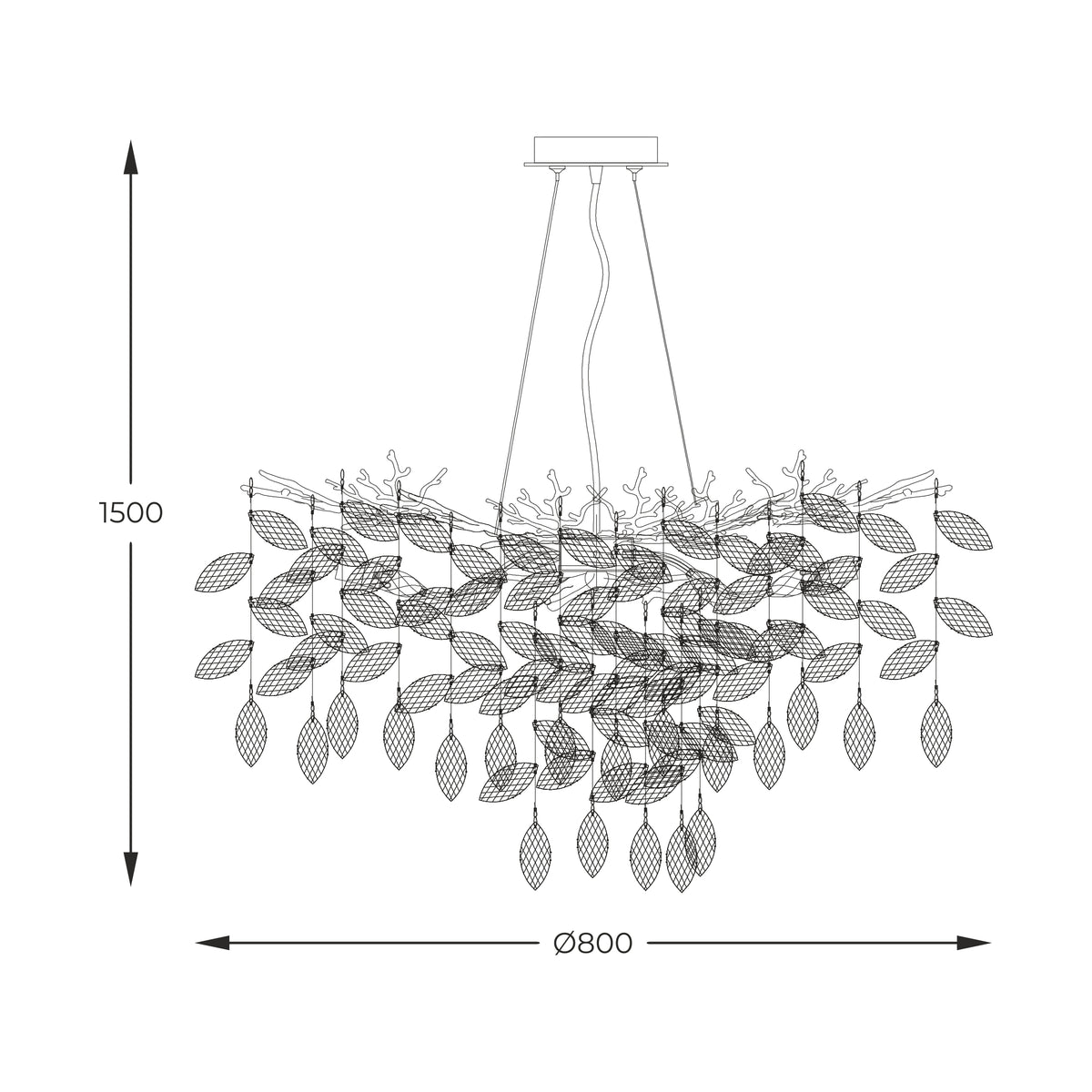 Schéma technique coté : hauteur 1500 mm et diamètre 800 mm du luminaire.