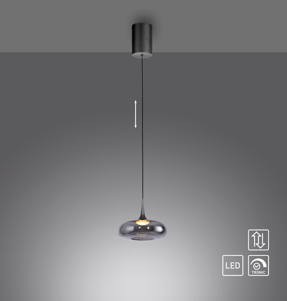 Vue technique avec flèche montrant la hauteur réglable et logo LED