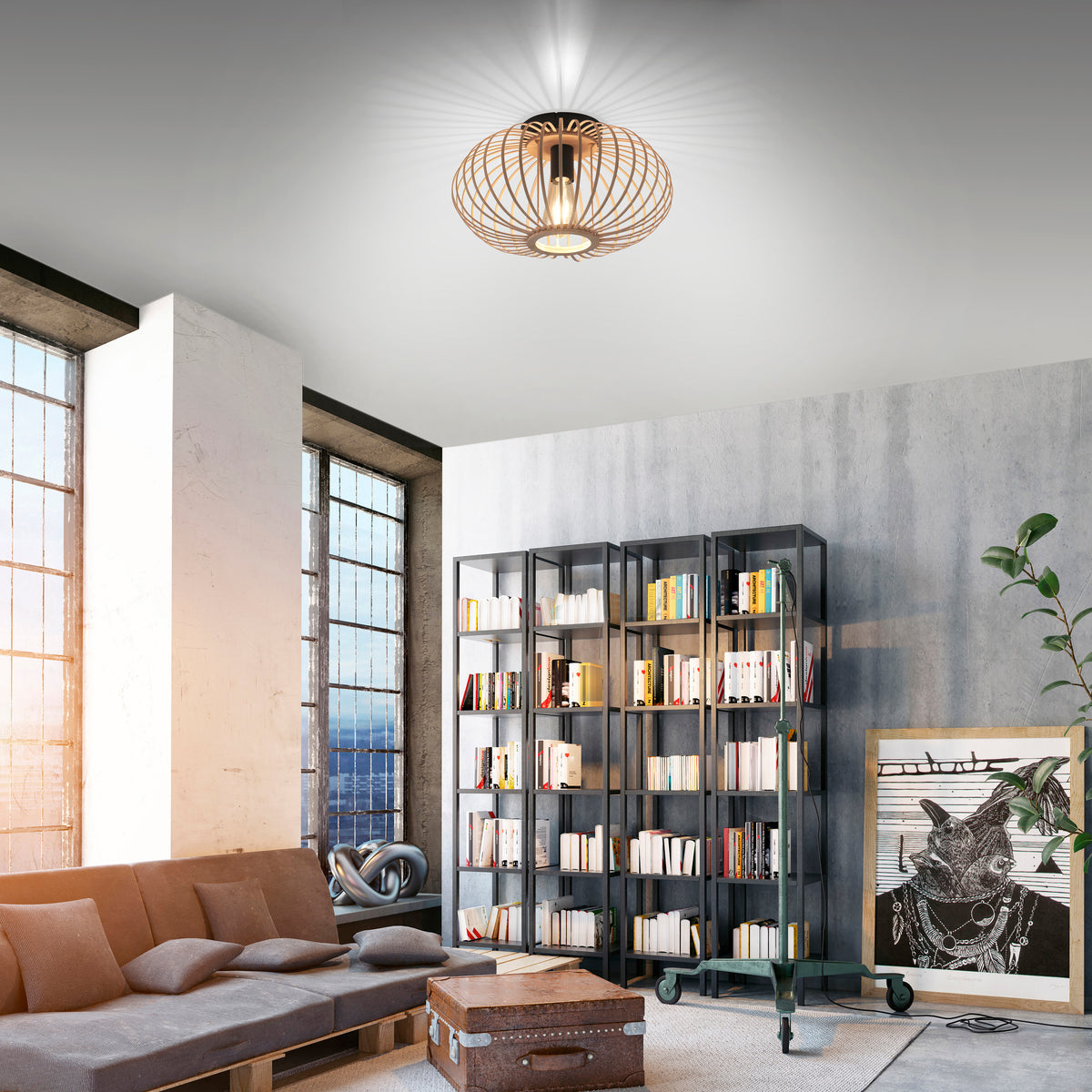 Mise en ambiance dans un salon industriel, plafonnier allumé diffusant des rayons lumineux.