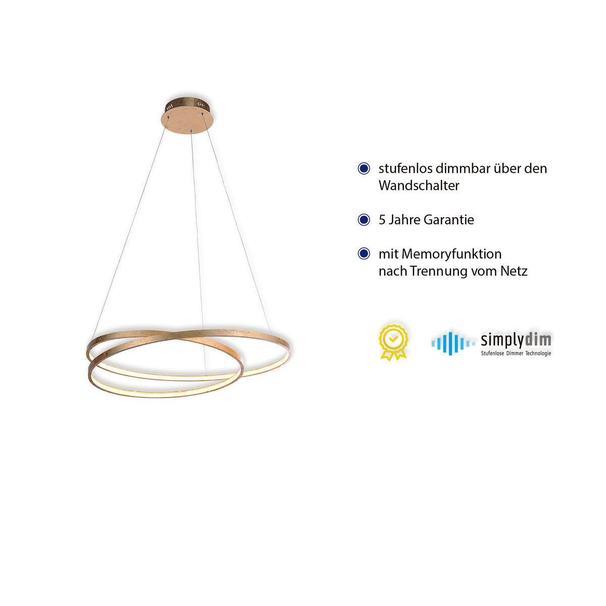 Luminaire présenté avec arguments de variation sans palier et garantie cinq ans.