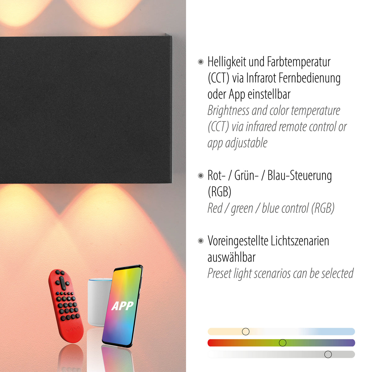 Schéma explicatif des fonctions CCT, RGB et scénarios lumineux réglables par télécommande ou application