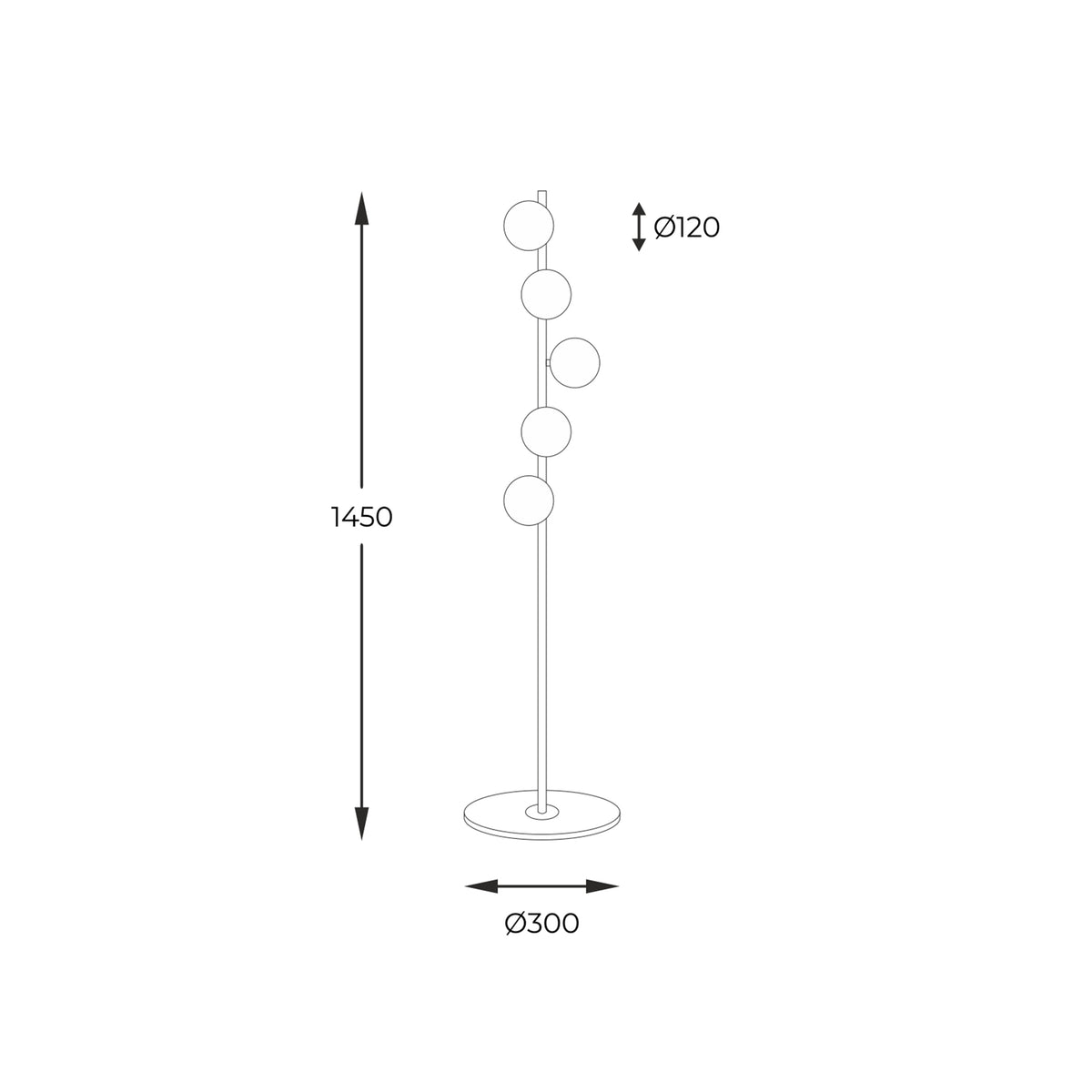 Schéma coté : hauteur totale 1450 mm, diamètre des globes 120 mm, base 300 mm.