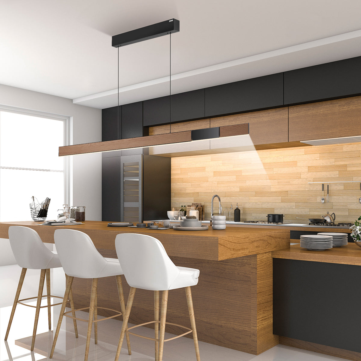 Mise en ambiance au-dessus d'un îlot de cuisine moderne avec tabourets blancs.