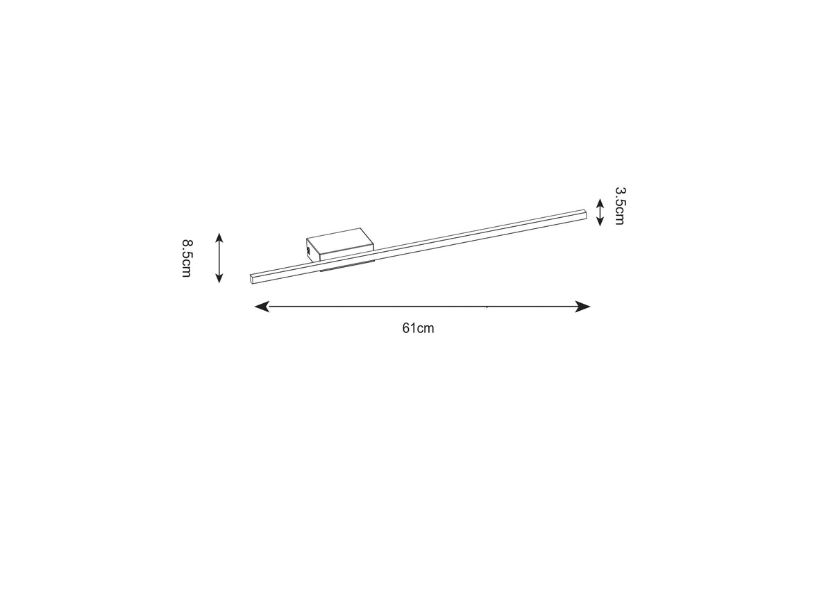 Schéma de dimensions indiquant 61 cm de longueur, 8,5 cm de hauteur, 3,5 cm