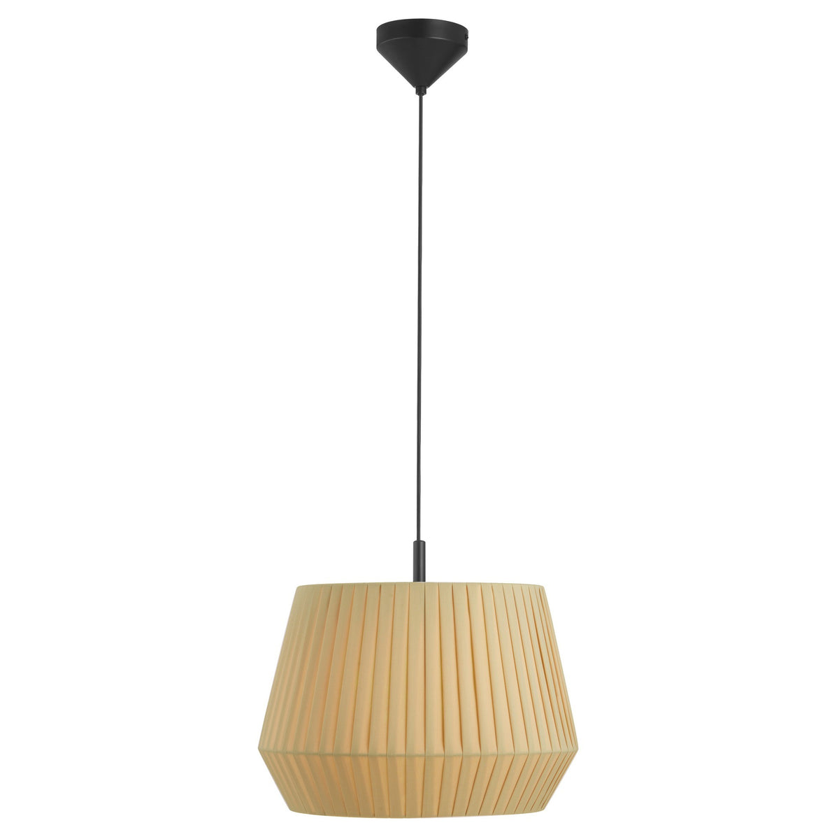 Même suspension beige, vue de face, mettant en valeur les plis verticaux de l'abat-jour.