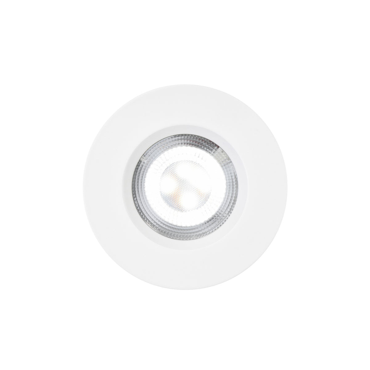 Vue de face du spot rond blanc, lentille LED striée et finition lisse