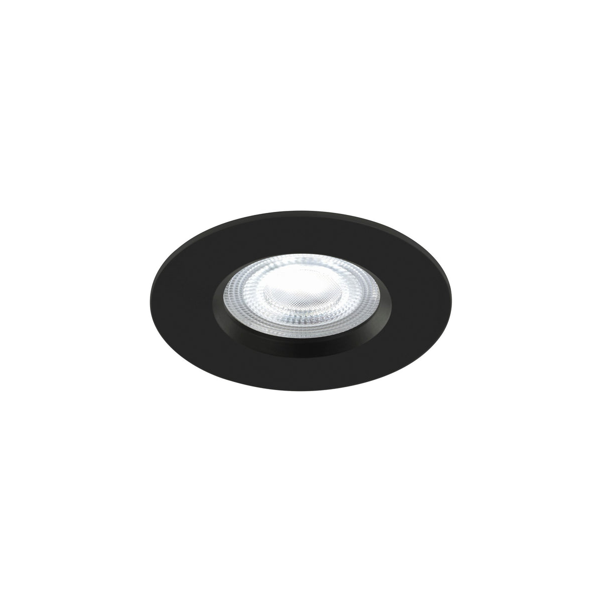 Vue rapprochée d'un spot LED encastrable noir avec lentille transparente striée