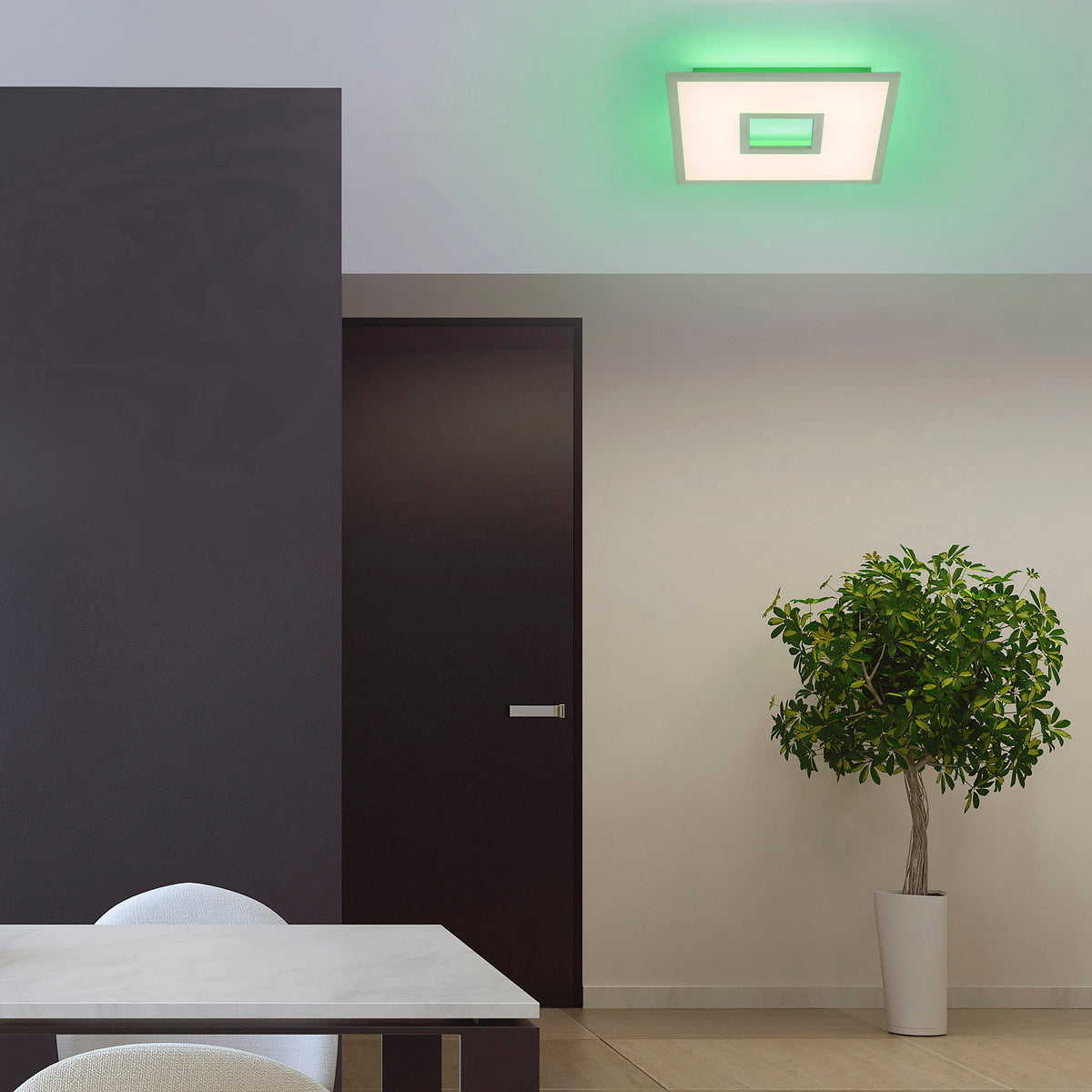 Mise en ambiance du plafonnier diffusant une lumière verte dans une pièce