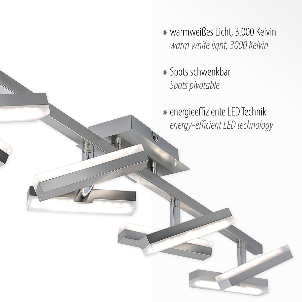 Détail rapproché de la finition acier et des spots LED pivotables avec textes techniques