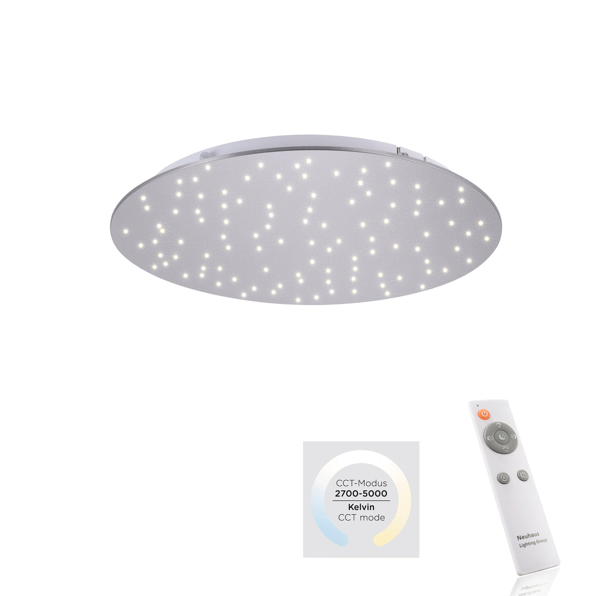 Plafonnier présenté avec télécommande et schéma de température de couleur CCT intégré.