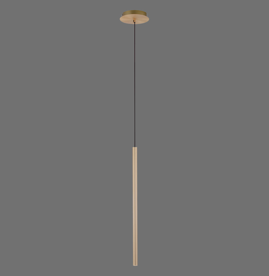 Suspension cylindrique dorée vue de face sur fond gris uni