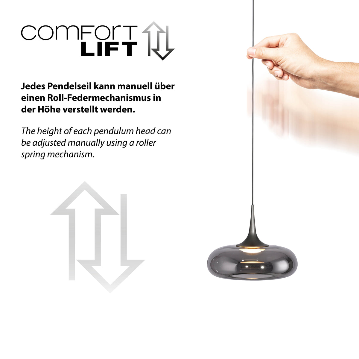 Détail d'une main tirant le câble pour ajuster la hauteur du système Comfort Lift.