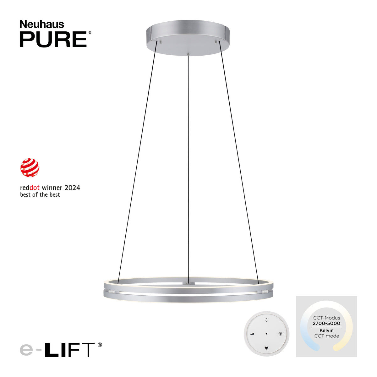Visuel produit avec label Red Dot, télécommande ronde et plage de couleur 2700 à 5000 kelvin.