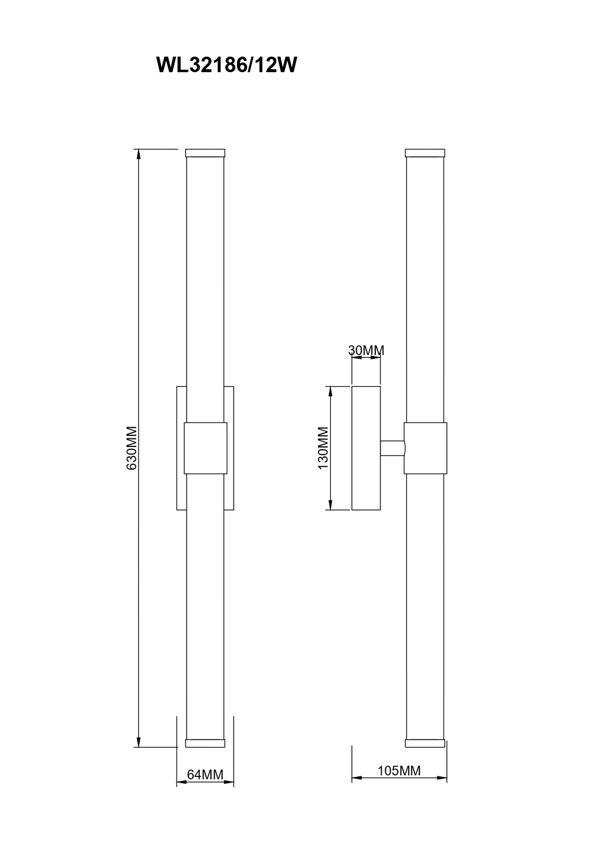 Schéma technique coté de l'applique : hauteur 630 mm, largeur 64 mm, profondeur 105 mm.