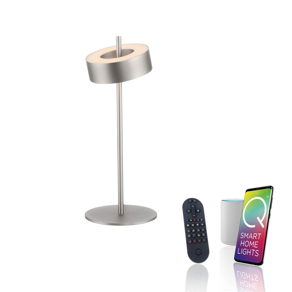 Vue d'ensemble avec télécommande, enceinte connectée et application sur smartphone