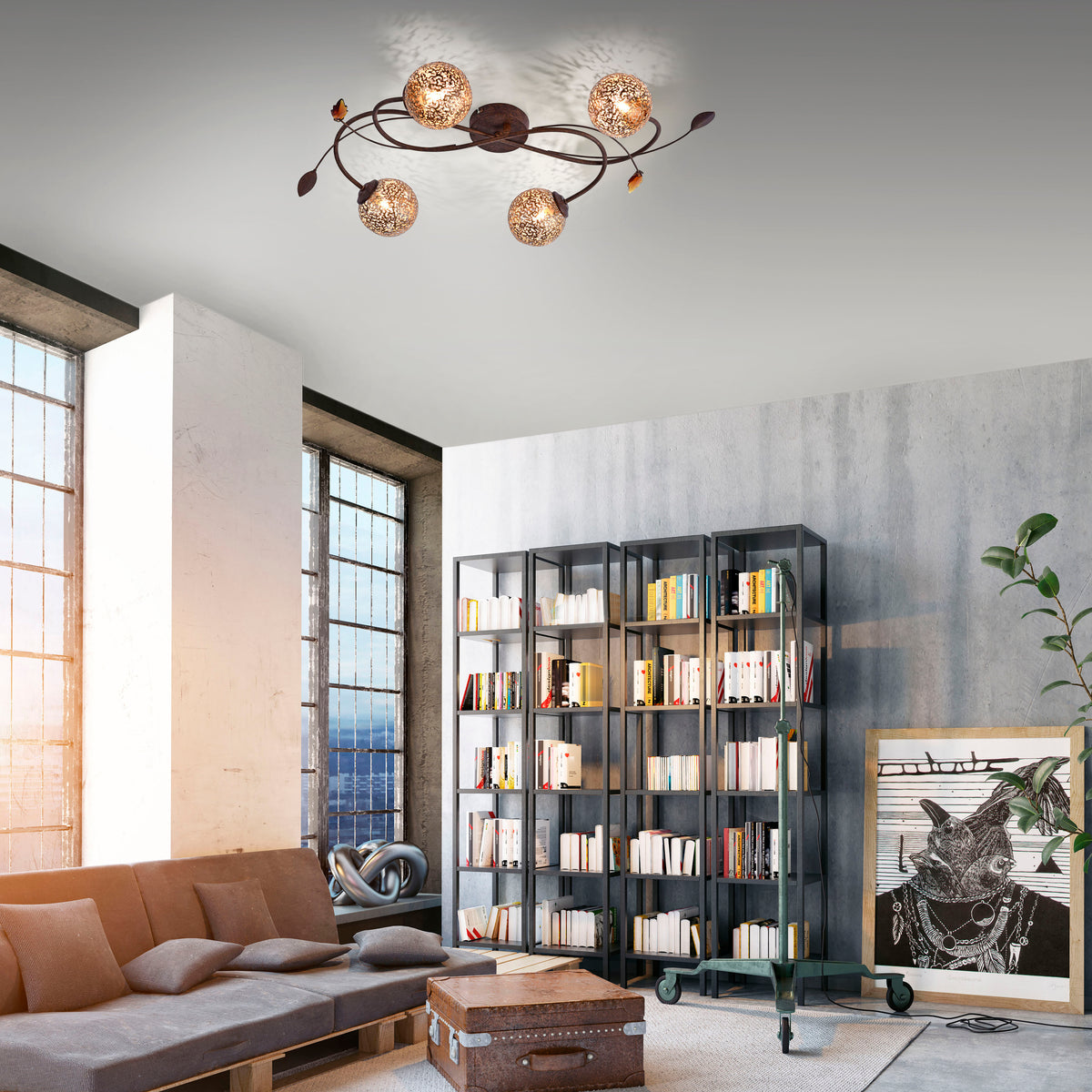 Mise en ambiance dans un salon, plafonnier allumé au-dessus d'une bibliothèque et d'un canapé.