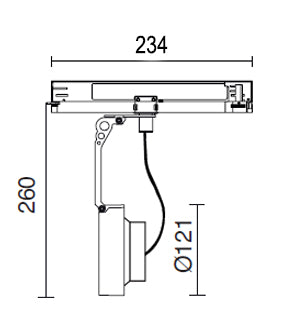 Schéma technique dimensionné du spot sur rail, hauteur 260 mm et diamètre 121 mm