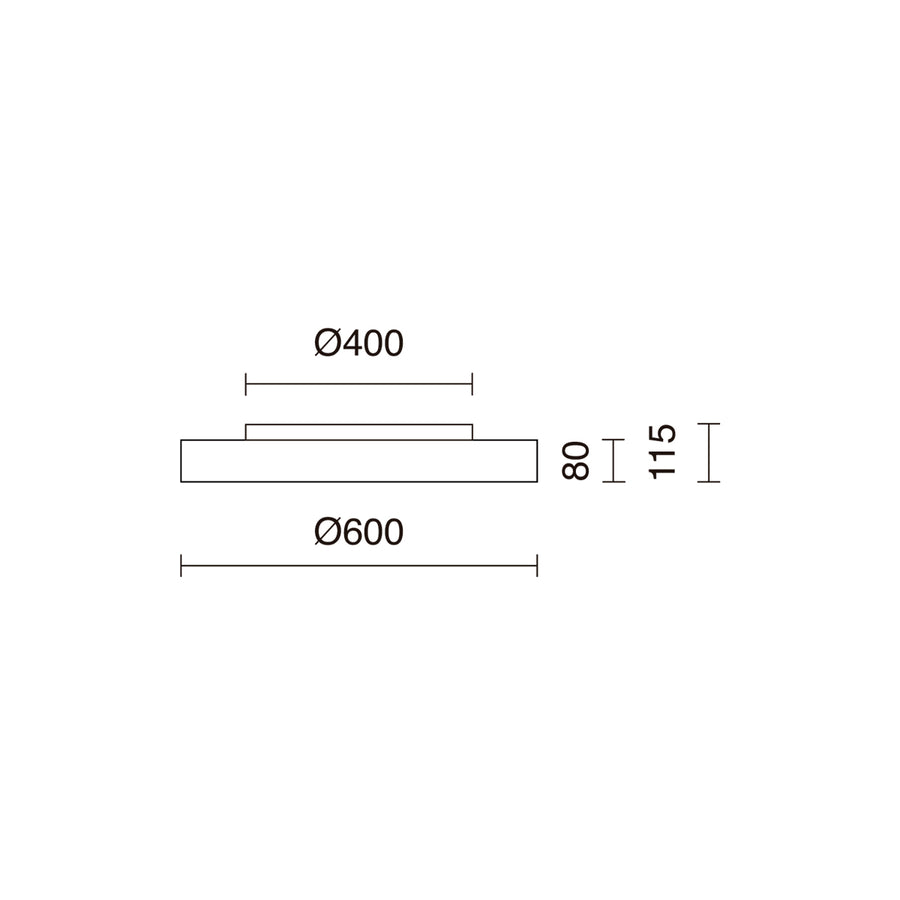 Schéma technique côté du plafonnier, diamètres 400 et 600 mm et hauteurs 80 et 115 mm.