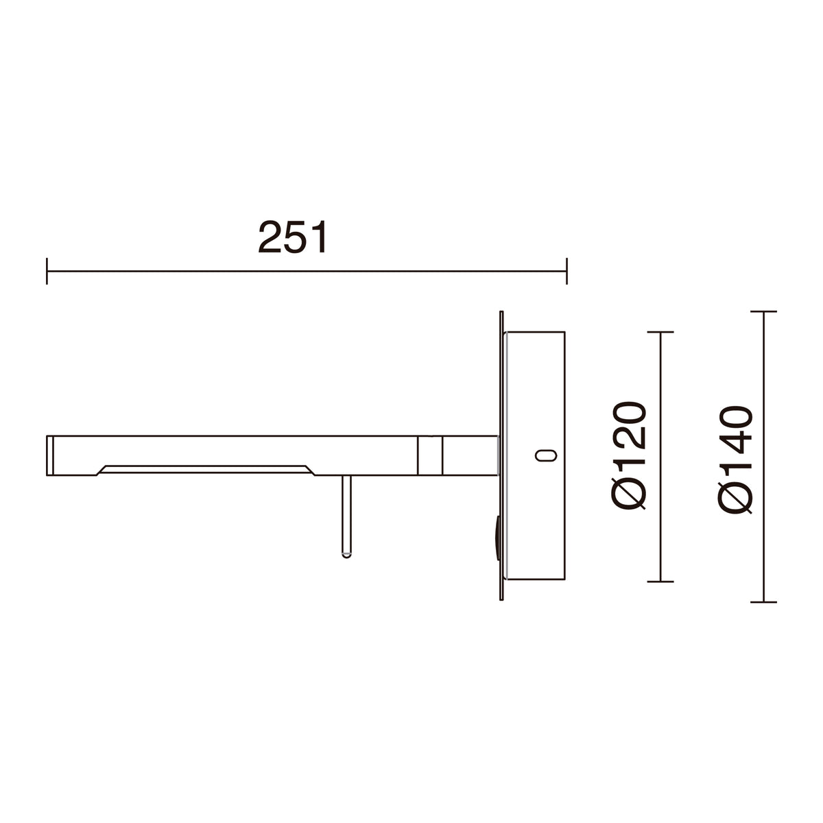 Schéma technique coté montrant les dimensions du bras et du disque de fixation murale.