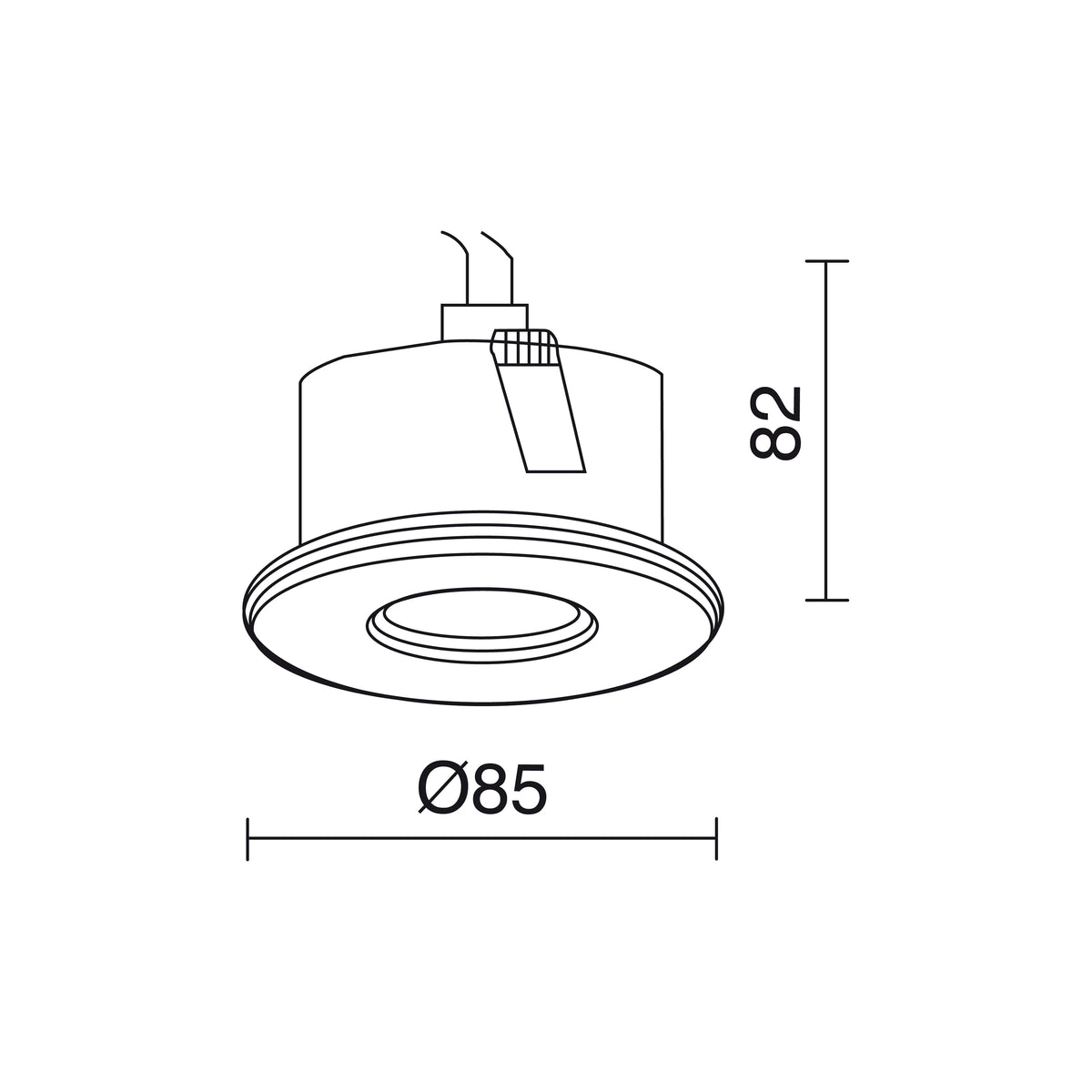 Schéma de dimensions du spot rond, diamètre 85 mm et hauteur 28 mm