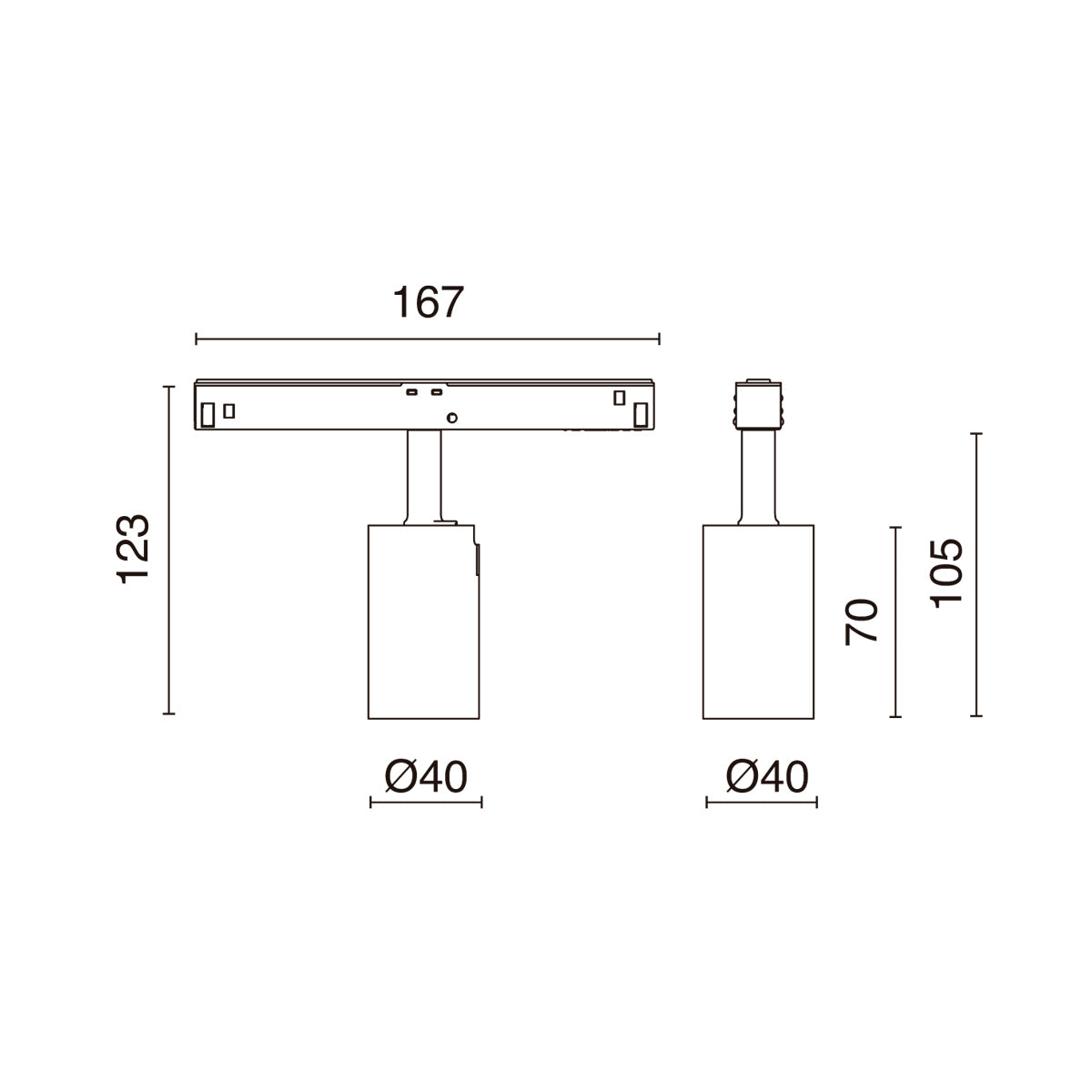 Schéma de dimensions du spot : longueur 167 mm, hauteur 123 mm et diamètre 40 mm.