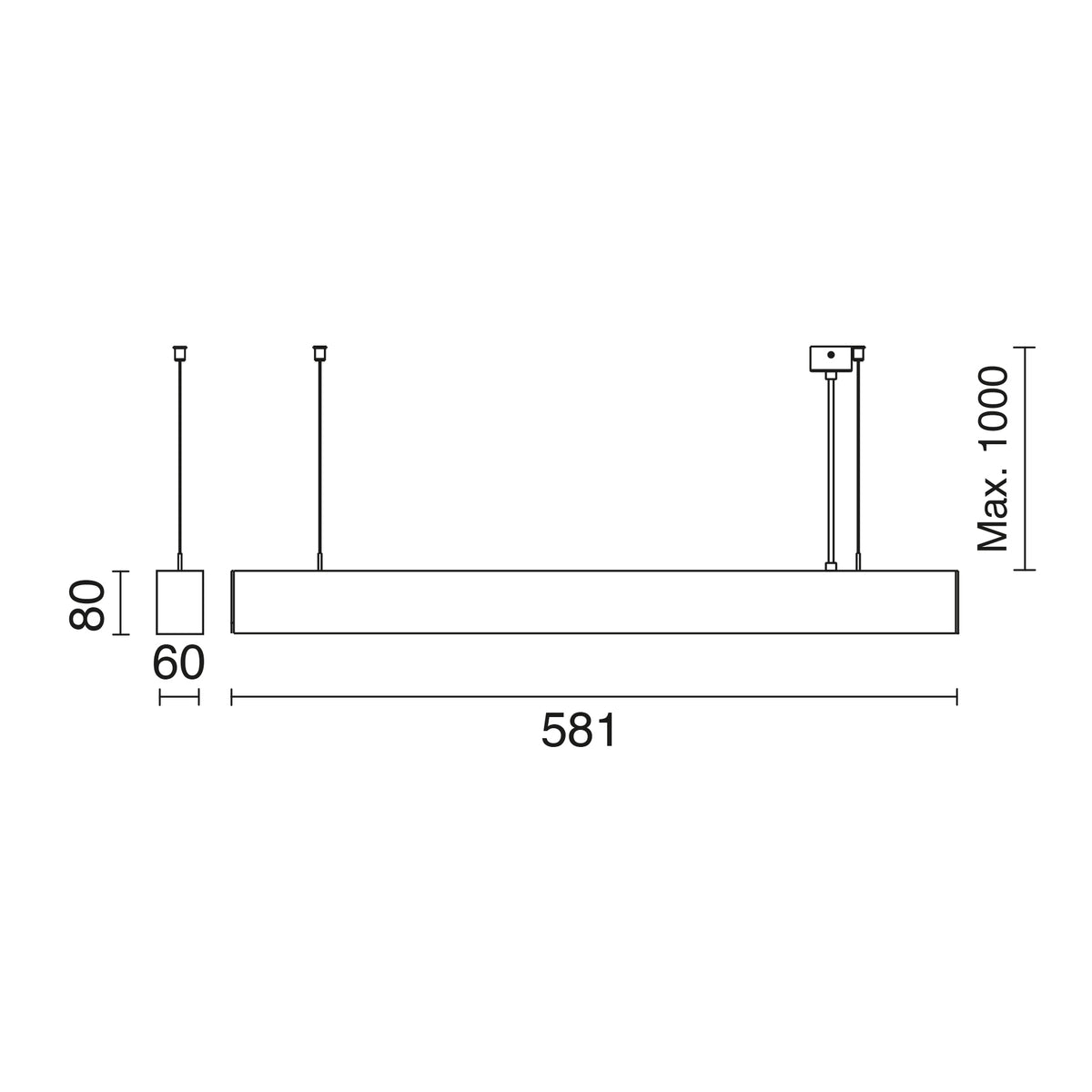 Schéma technique coté montrant longueur, hauteur et suspension maximale du luminaire.