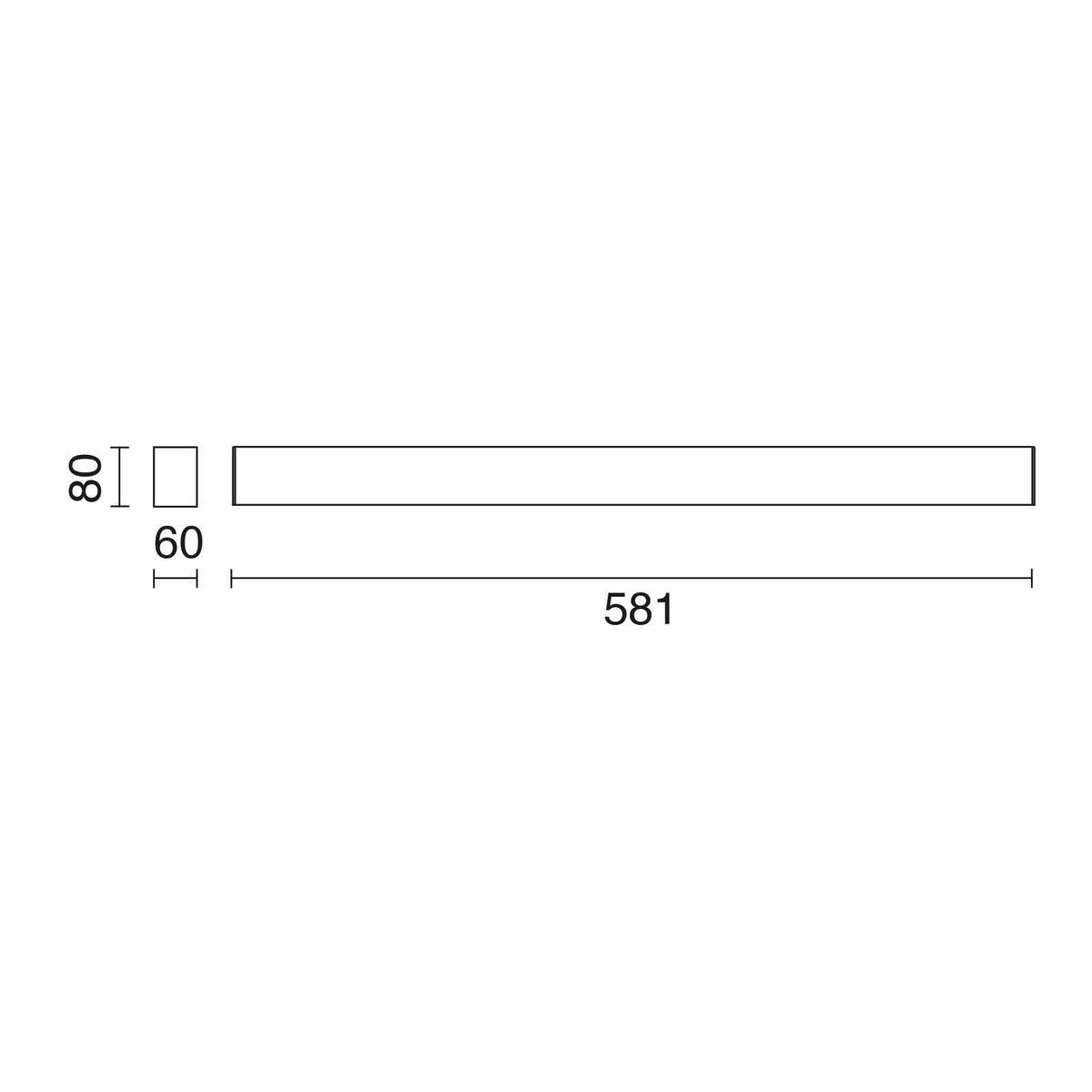 Schéma de dimensions du luminaire : 581 mm de long, 60 mm de large, 80 mm de haut