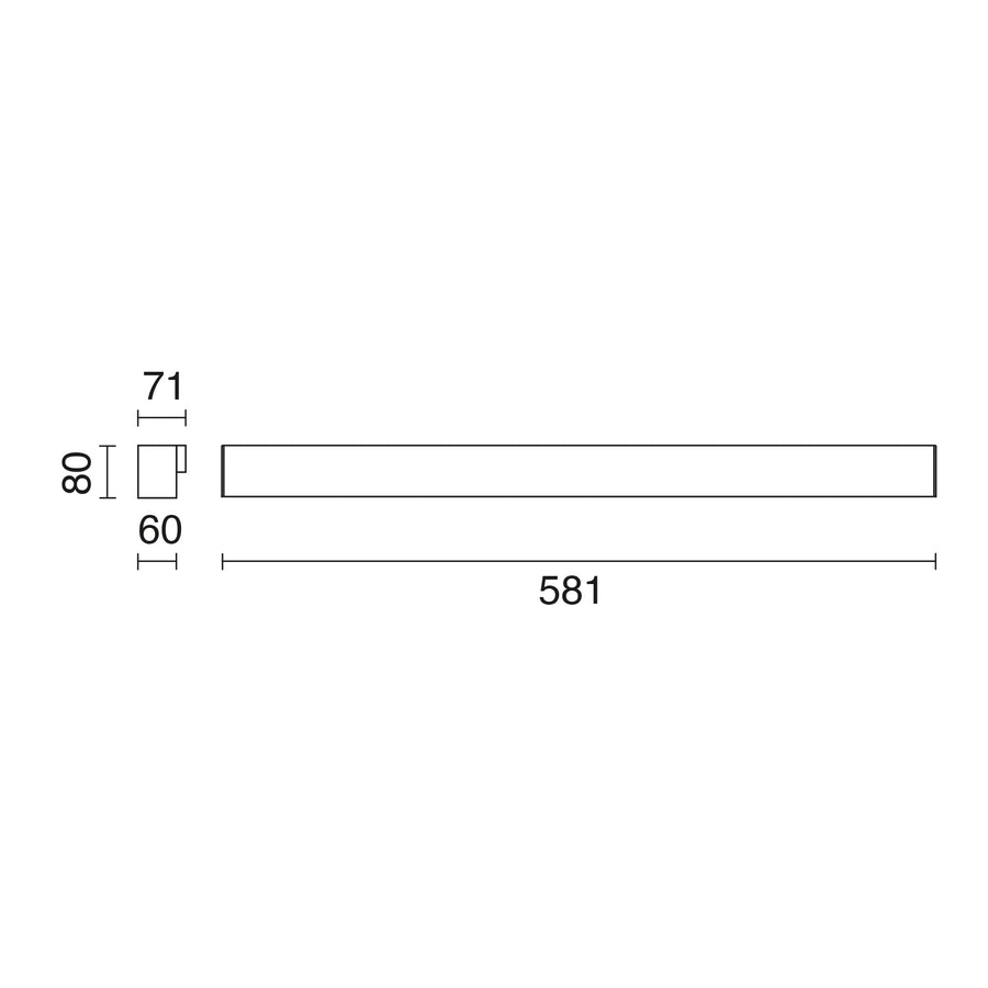 Schéma de dimensions du luminaire : longueur 581, largeur 71 et hauteur 60 mm.